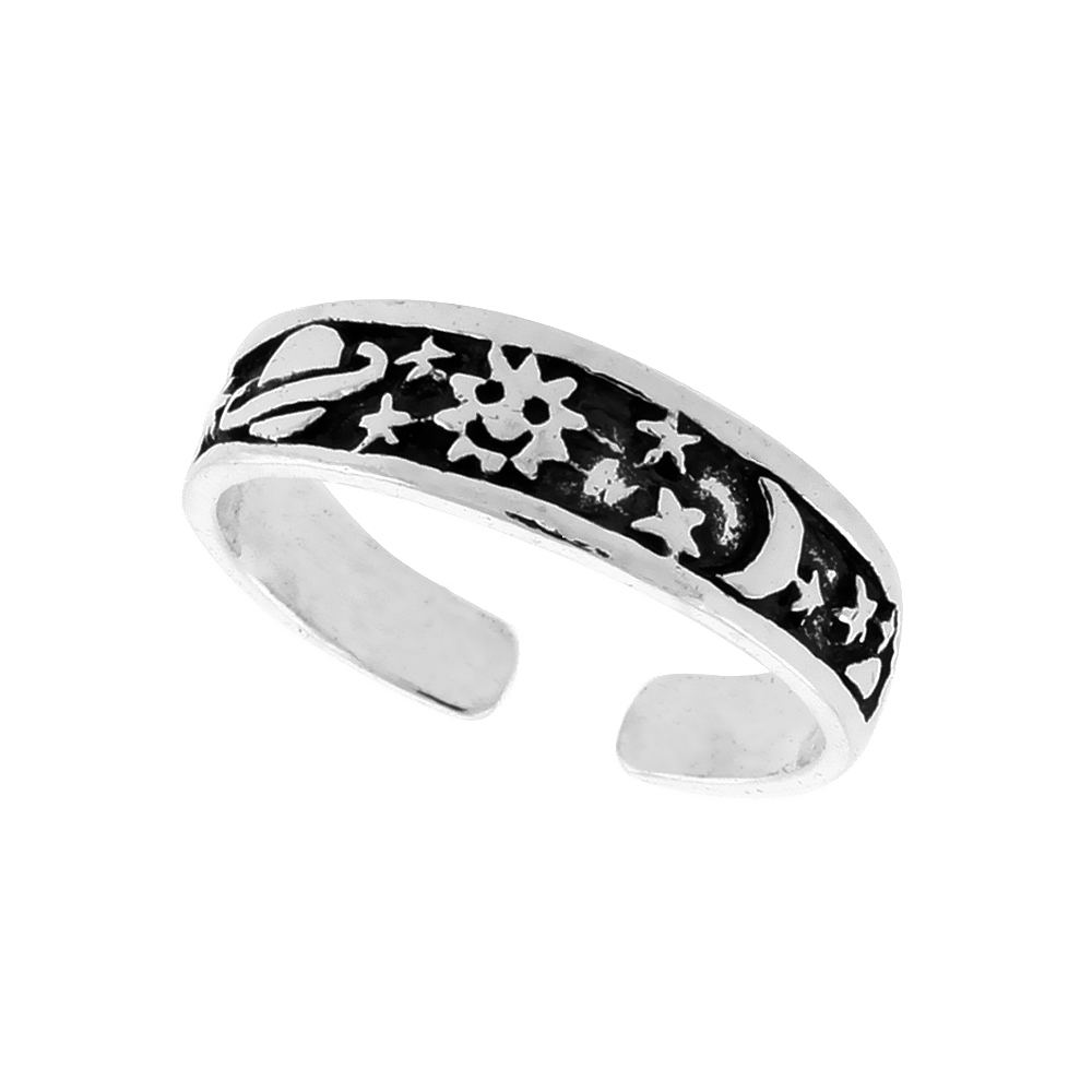 STERLING SILVER SUN MOON STARS PLANETS TOE RING FOR WOMEN ADJUSTABLE OPEN 3/16 INCH