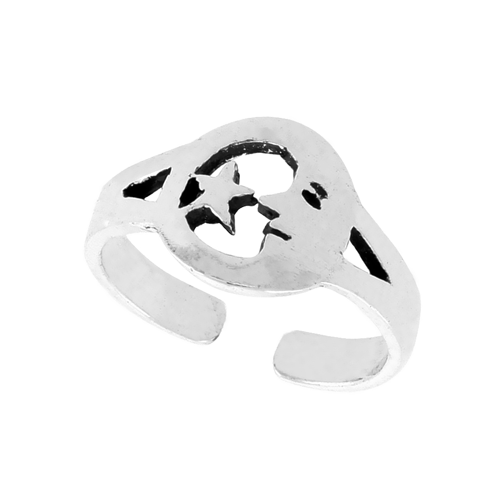 STERLING SILVER MOON & STAR TOE RING FOR WOMEN ADJUSTABLE OPEN 3/8 INCH