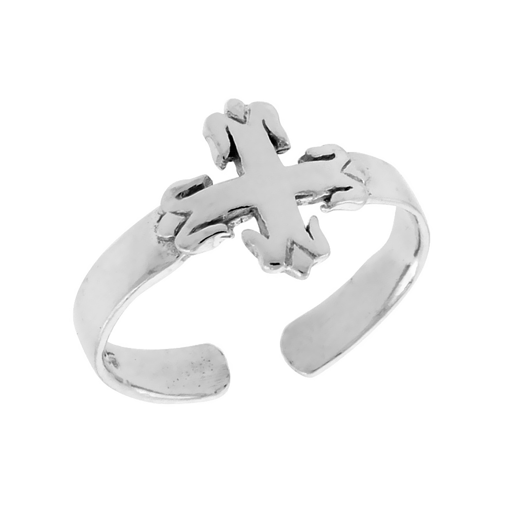 STERLING SILVER CROSS FLEURY ADJUSTABLE (SIZE 3.5 TO 6.5) TOE RING / KID'S RING, 3/8 IN. (9 MM) WIDE