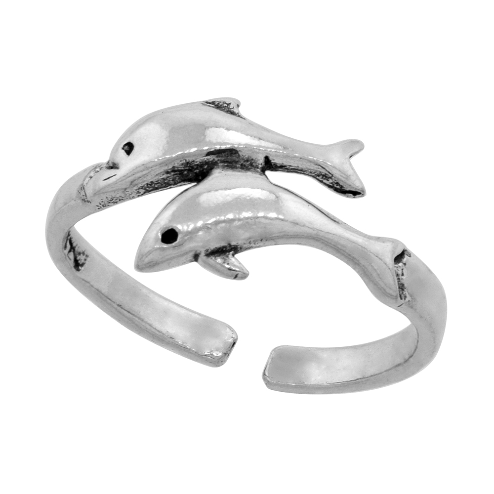 STERLING SILVER DOUBLE DOLPHIN TOE RING FOR WOMEN ADJUSTABLE OPEN 1/2 INCH