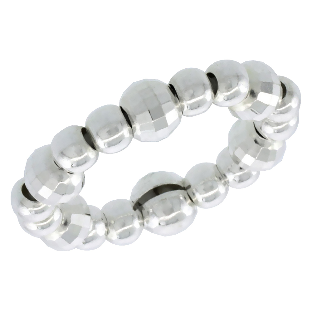 STERLING SILVER STRETCHABLE BEADED TOE RING FOR WOMEN 4MM DIAMOND CUT BEADS FITS SIZES 2-5