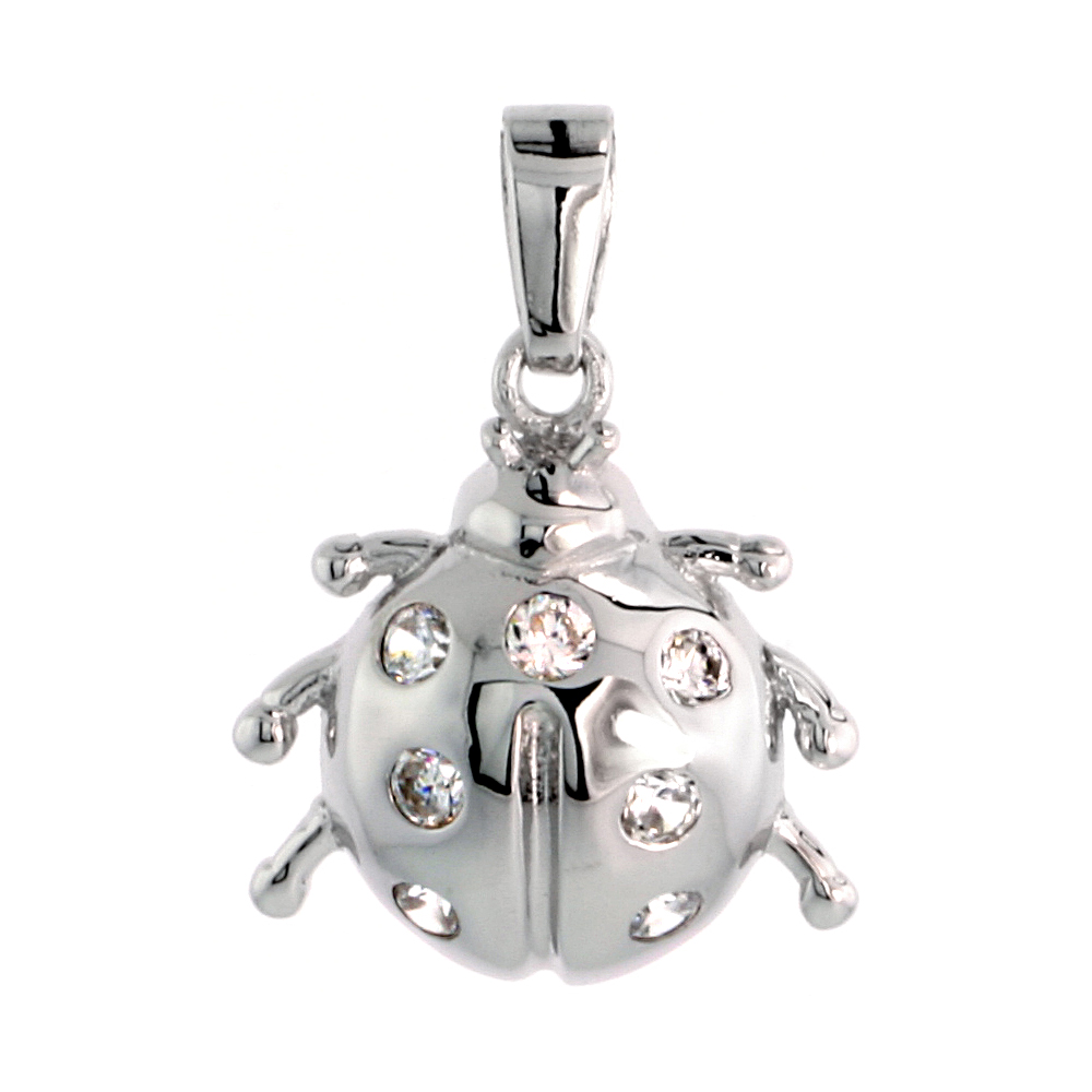 STERLING SILVER JEWELED LADYBUG PENDANT, W/ CUBIC ZIRCONIA STONES, 5/8" (16 MM)