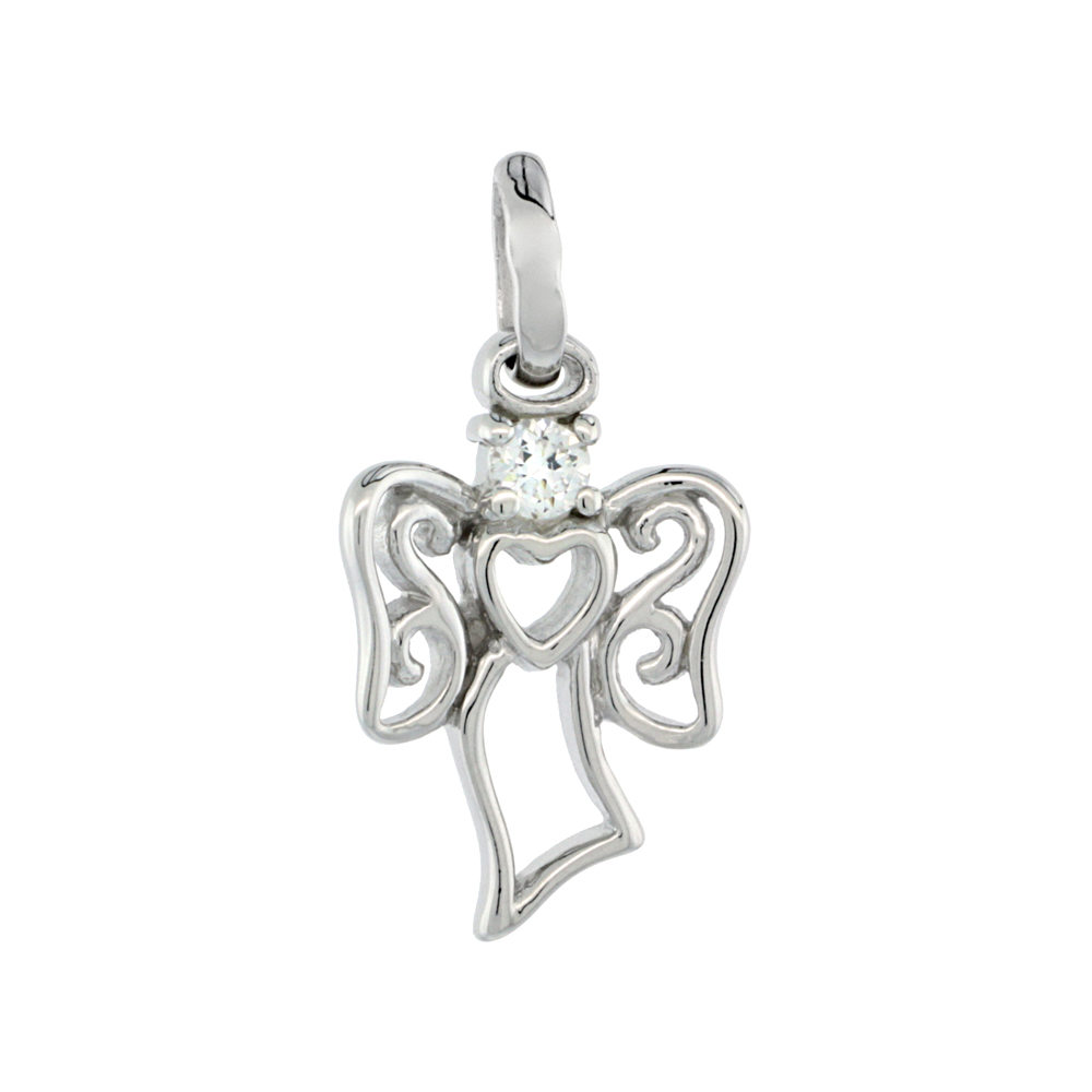 STERLING SILVER ANGEL WITH HALO PENDANT CUT OUT HEART RHODIUM FINISH, 7/8 INCH LONG