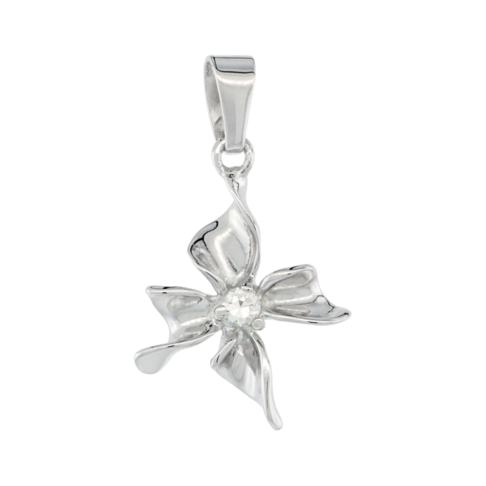STERLING SILVER FLOWER PENDANT CUBIC ZIRCONIA CENTER RHODIUM FINISH, 15/16 INCH LONG