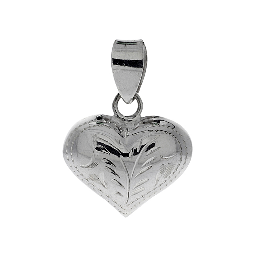 STERLING SILVER HAND ENGRAVED 11/16" PUFFED HEART, WITH 18" BOX CHAIN.