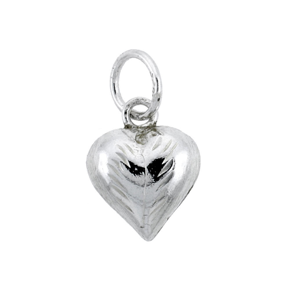 STERLING SILVER HAND ENGRAVED TINY 3/8" PUFFED HEART, WITH 18" BOX CHAIN.