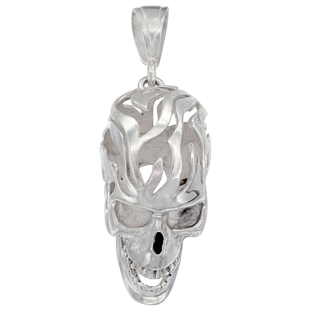 STERLING SILVER LARGE SKULL PENDANT FOR MEN WITH CUT-OUT FLAMES MOVABLE JAW, 2 INCHES