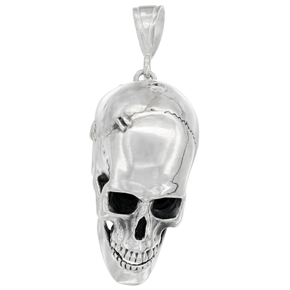 VERY LARGE HEAVY STERLING SILVER SKULL PENDANT FOR MEN WITH METAL PLATE, 2 1/4 INCHES LONG