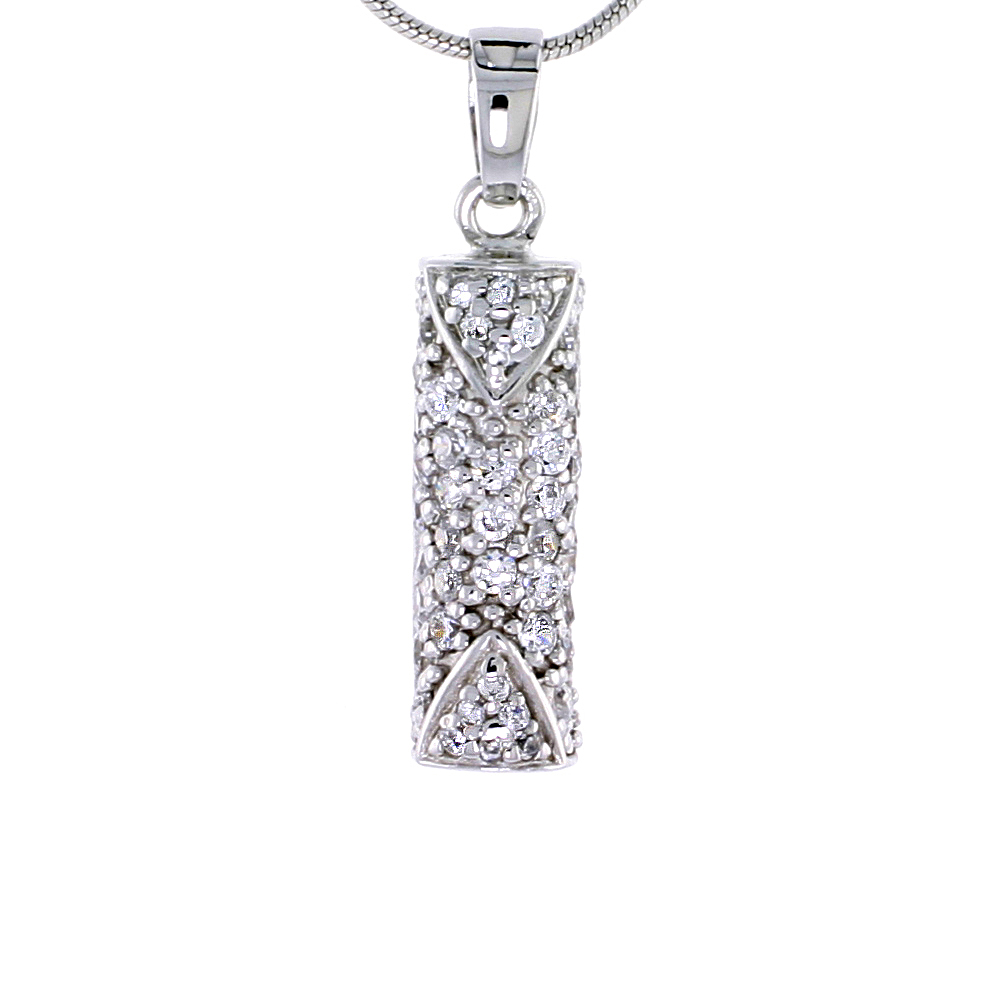 STERLING SILVER JEWELED TUBULAR PENDANT, W/ CUBIC ZIRCONIA STONES, 15/16" (24 MM) TALL