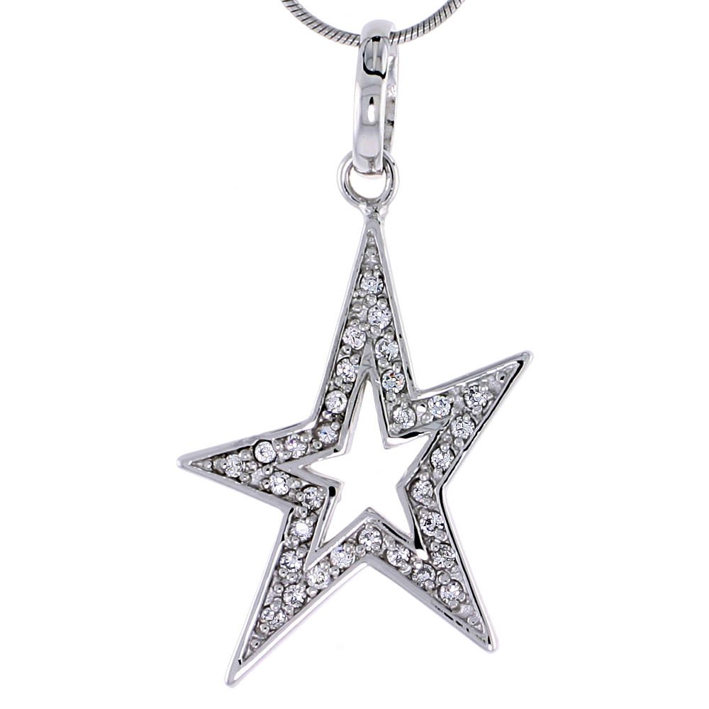 STERLING SILVER JEWELED STAR PENDANT, W/ CUBIC ZIRCONIA STONES, 1 3/8" (35 MM) TALL