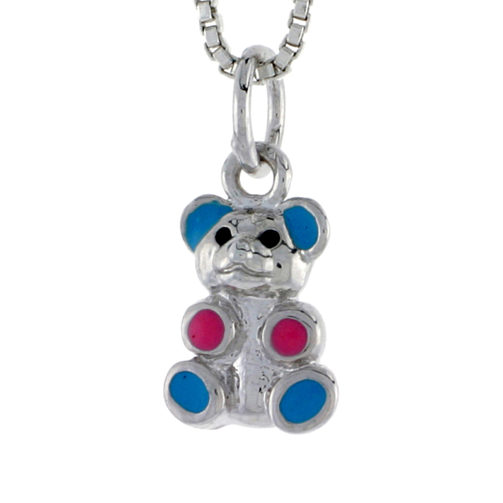 STERLING SILVER CHILD SIZE TEDDY BEAR PENDANT, W/ BLUE & PINK ENAMEL DESIGN, 1/2" (13 MM) TALL