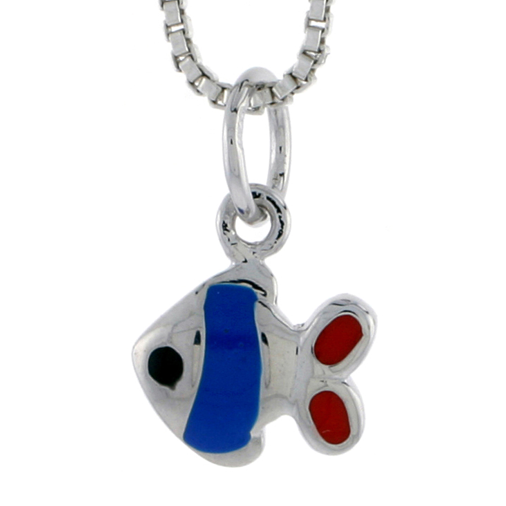 STERLING SILVER CHILD SIZE FISH PENDANT, W/ BLUE & RED ENAMEL DESIGN, 7/16" (11 MM) TALL