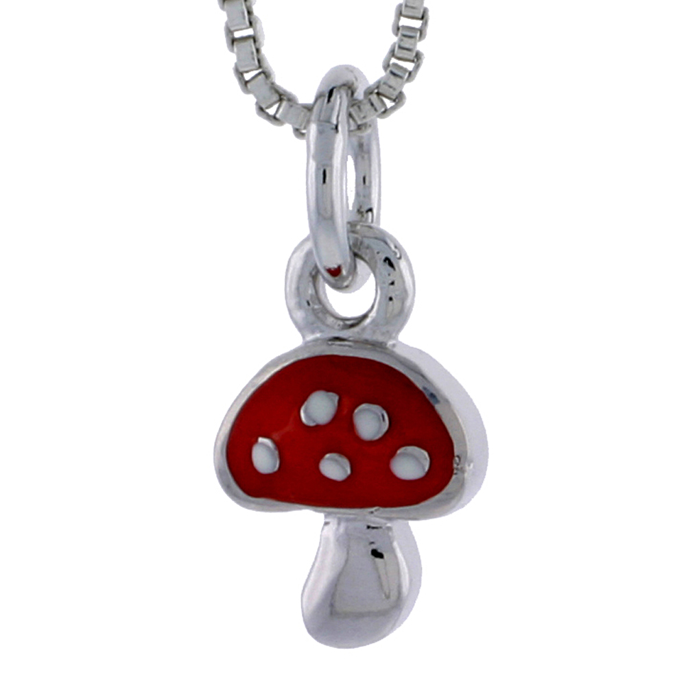 STERLING SILVER CHILD SIZE MUSHROOM PENDANT, W/ RED ENAMEL DESIGN, 1/2" (13 MM) TALL