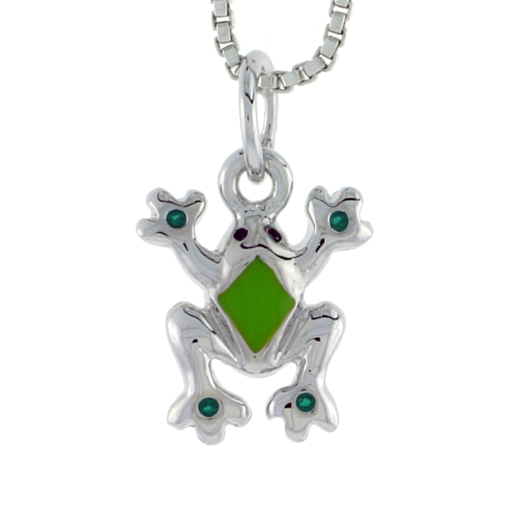 STERLING SILVER CHILD SIZE FROG PENDANT, W/ GREEN ENAMEL DESIGN, 1/2" (13 MM) TALL