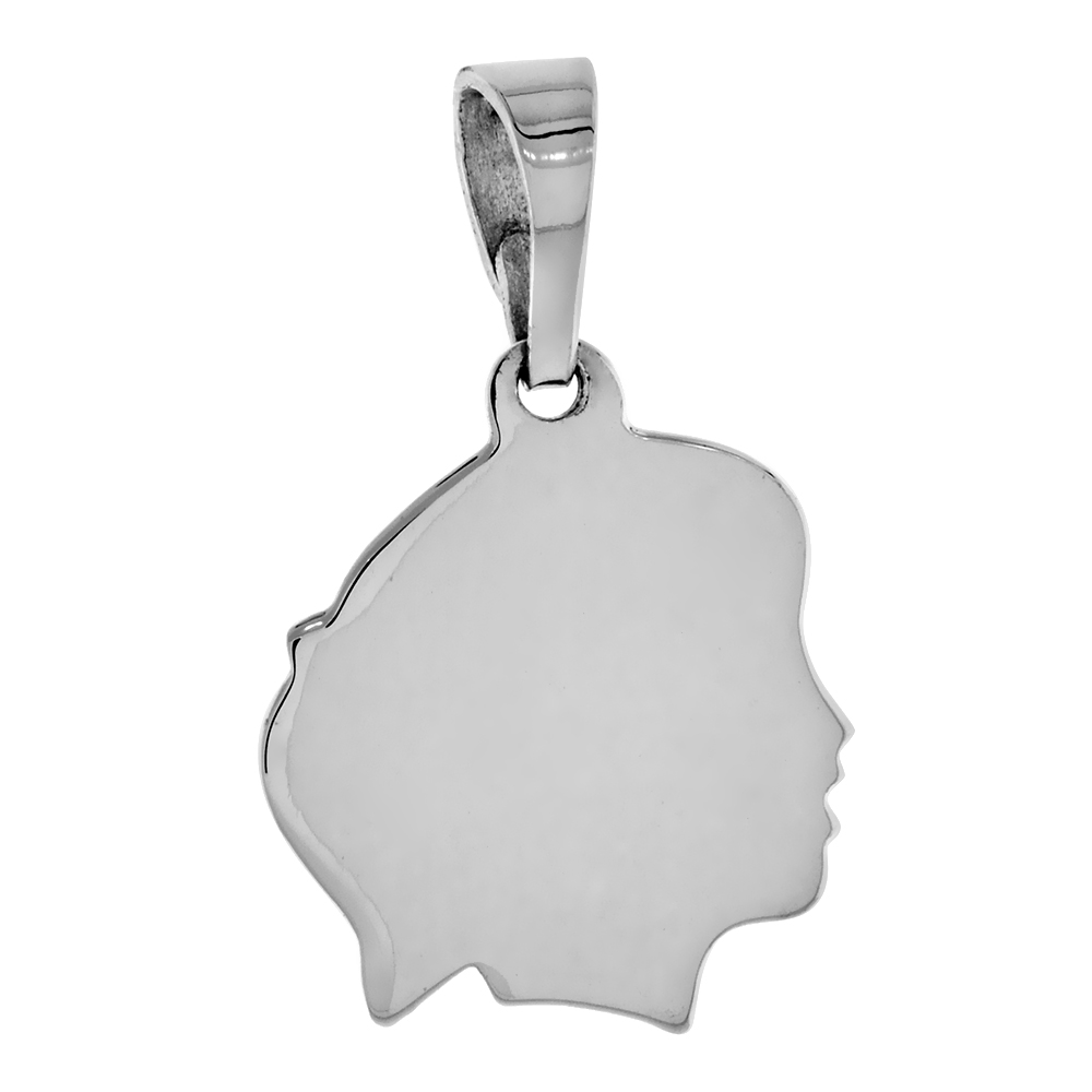 SMALL STERLING SILVER FEMALE HEAD SILHOUETTE CHARM PENDANT FOR WOMEN WITH REMOVEABLE BALE FOR CHARM BRACELETS 13/16 INCH TALL