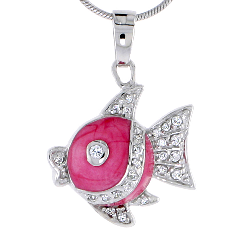 STERLING SILVER JEWELED FISH PENDANT, W/ CUBIC ZIRCONIA STONES & PINK ENAMEL, 13/16" (21 MM)