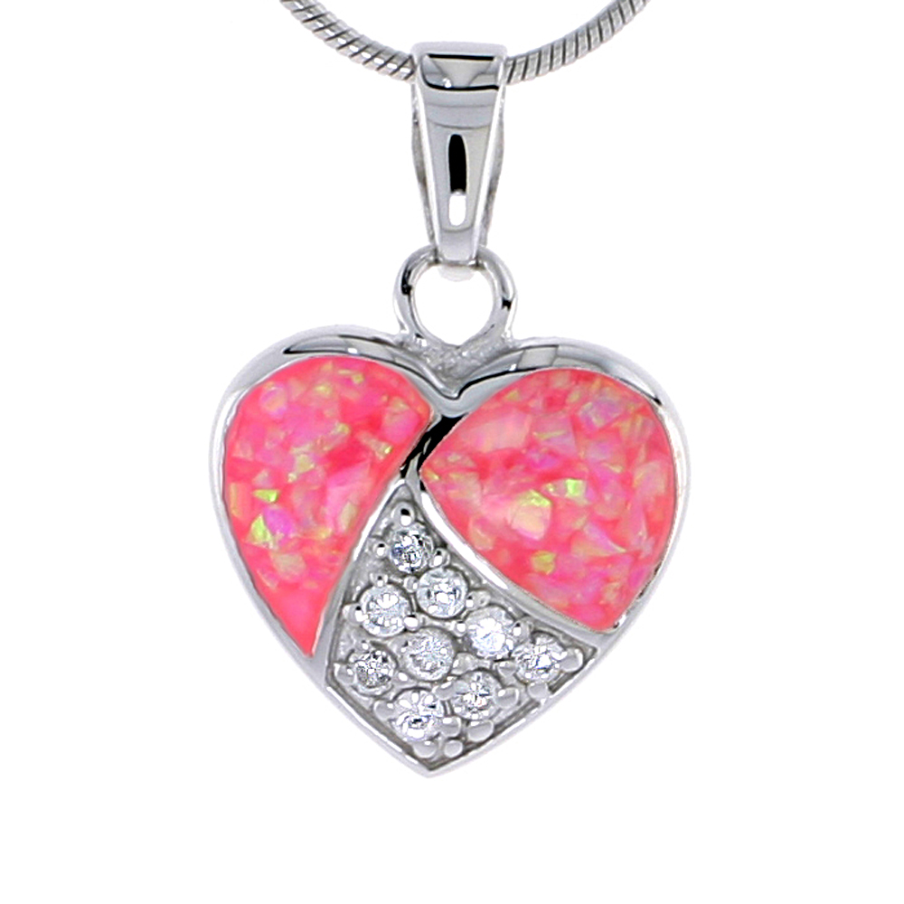 STERLING SILVER HEART PENDANT INLAID PINK SYNTHETIC OPAL & CUBIC ZIRCONIA STONES, 5/8 INCH