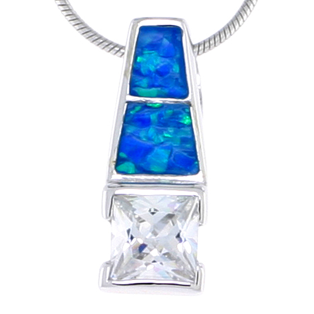 STERLING SILVER SYNTHETIC OPAL PENDANT W/ SQUARE CUBIC ZIRCONIA, 3/4 INCH