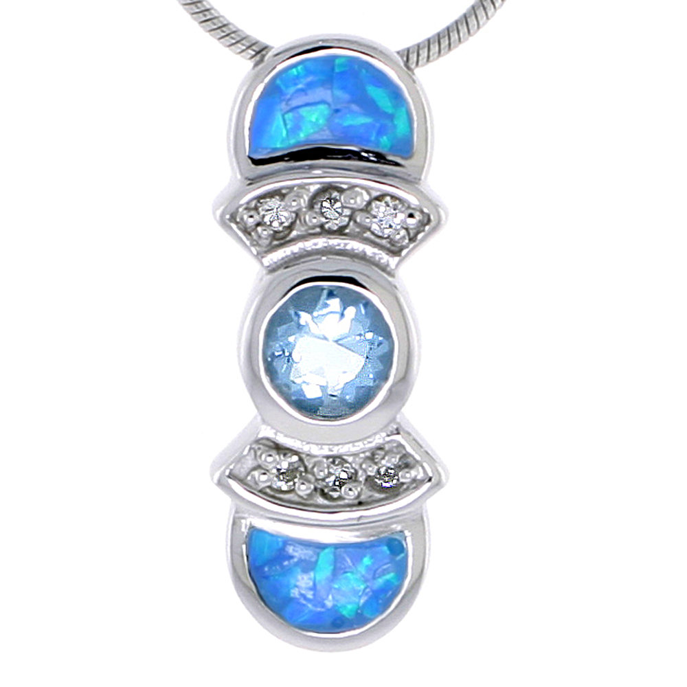 STERLING SILVER SYNTHETIC OPAL PENDANT W/ AQUA COLOR CUBIC ZIRCONIA, 7/8 INCH