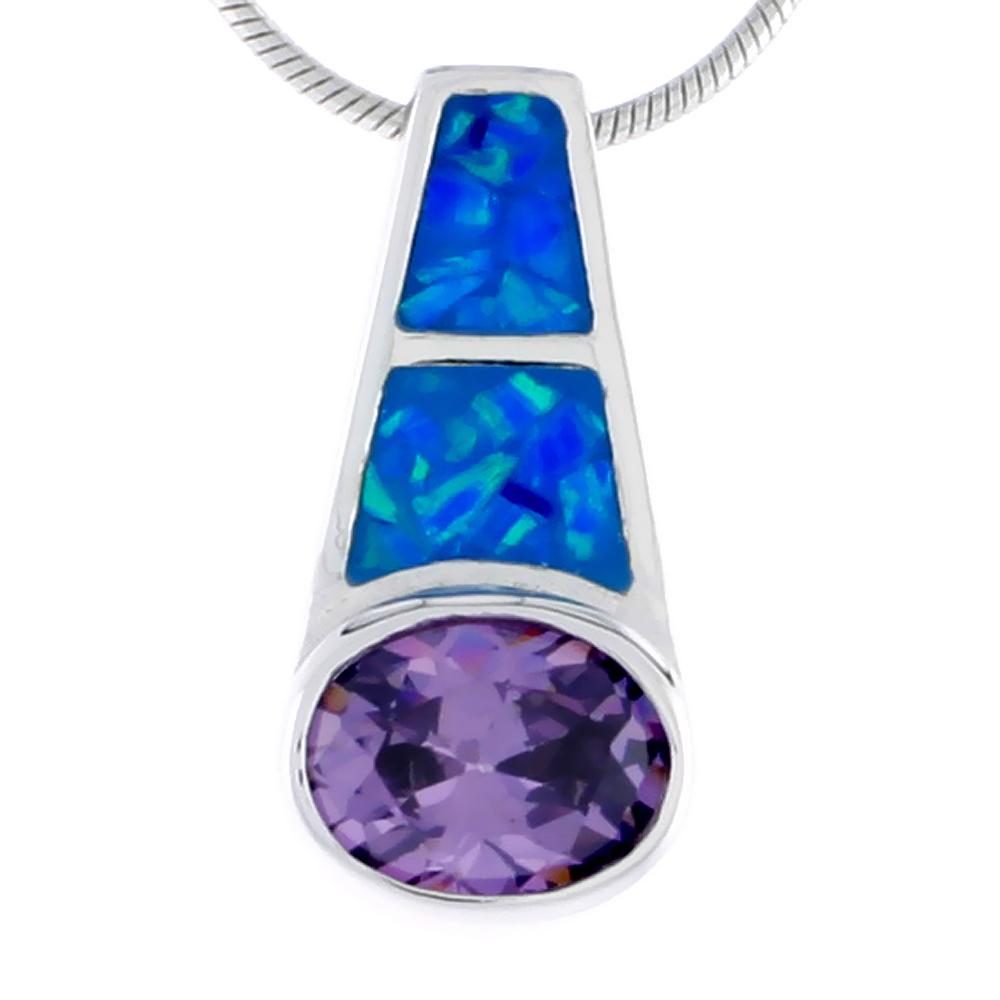 STERLING SILVER SYNTHETIC OPAL PENDANT W/ PURPLE OVAL CUBIC ZIRCONIA STONE, 3/4 INCH