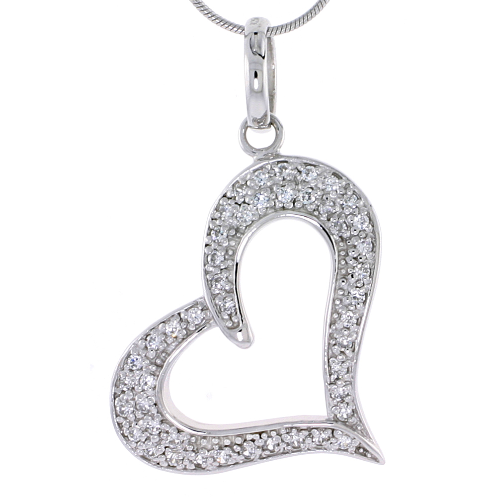 STERLING SILVER JEWELED HEART PENDANT, W/ CUBIC ZIRCONIA STONES, 1 1/4" (31 MM) TALL