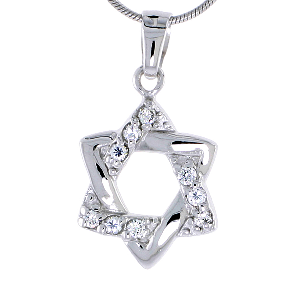 STERLING SILVER JEWELED STAR-OF-DAVID PENDANT, W/ CUBIC ZIRCONIA STONES, 13/16" (21 MM)