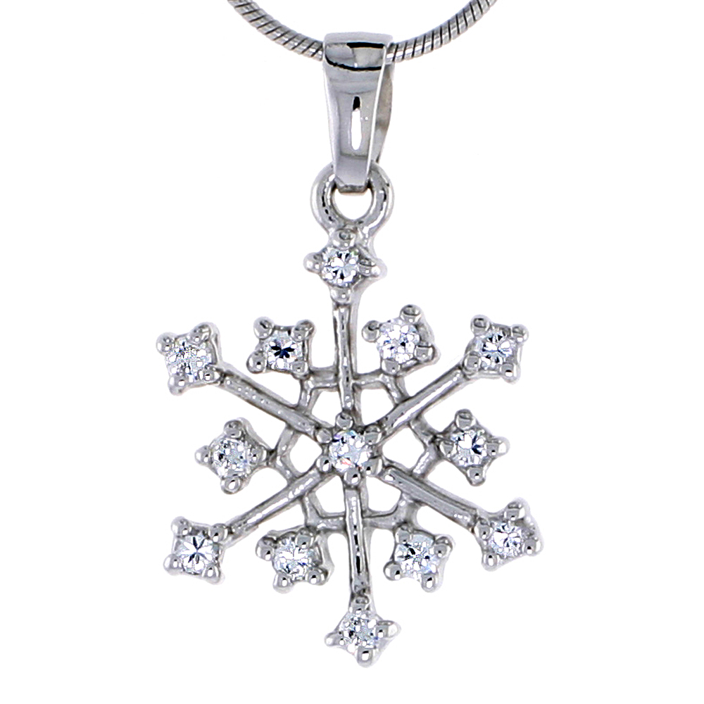 STERLING SILVER JEWELED SNOWFLAKE PENDANT, W/ CUBIC ZIRCONIA STONES, 7/8" (23 MM)
