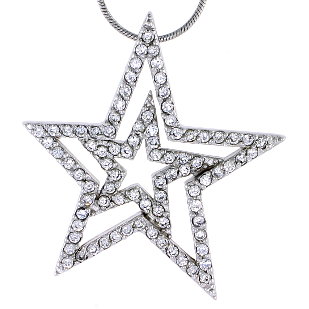 STERLING SILVER JEWELED STAR PENDANT, W/ CUBIC ZIRCONIA STONES, 1 7/16" (37 MM) TALL