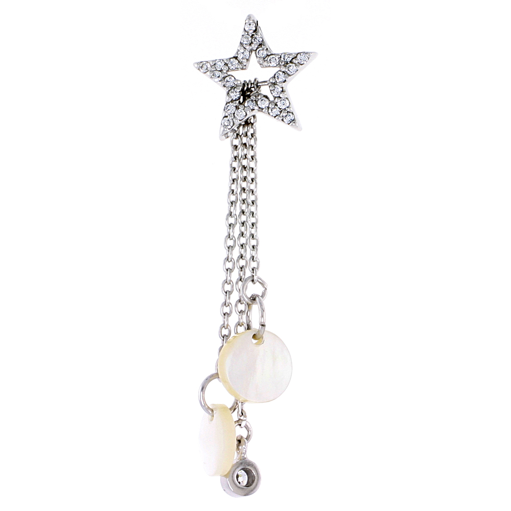 STERLING SILVER JEWELED STAR PENDANT, W/ MOTHER OF PEARL & CUBIC ZIRCONIA, 2" (51 MM) TALL