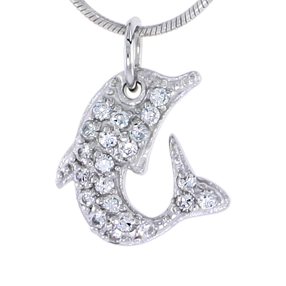 STERLING SILVER JEWELED DOLPHIN PENDANT, W/ CUBIC ZIRCONIA STONES, 9/16" (15 MM) TALL