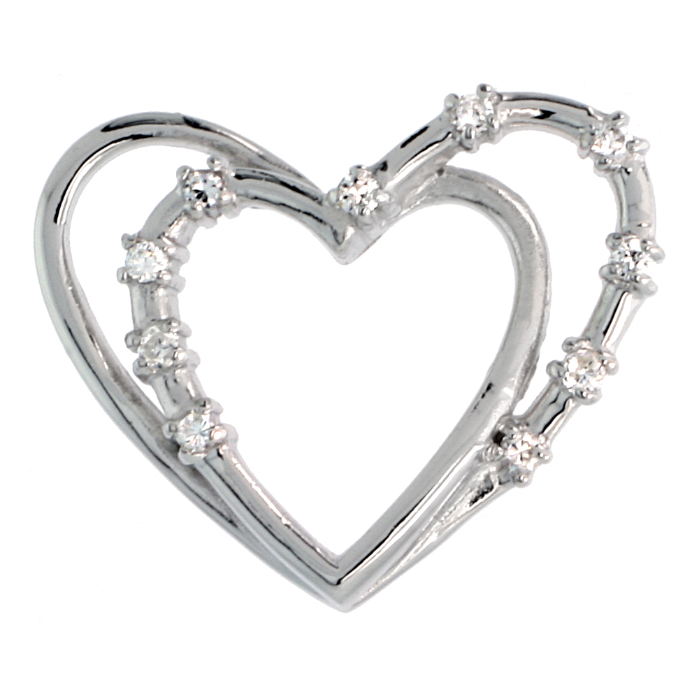 STERLING SILVER JEWELED HEART PENDANT, W/ CUBIC ZIRCONIA STONES, 13/16" (21 MM)