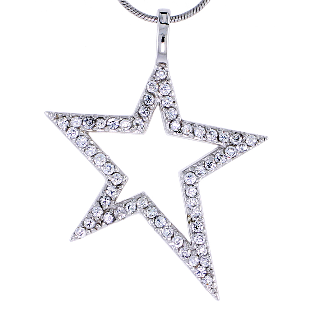 STERLING SILVER JEWELED STAR PENDANT, W/ CUBIC ZIRCONIA STONES, 1 7/16" (37 MM) TALL