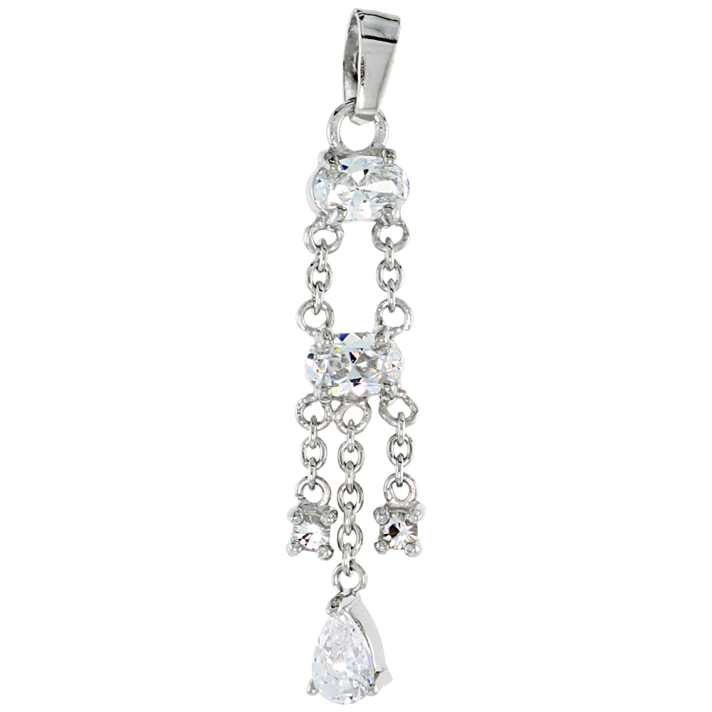 STERLING SILVER JEWELED PENDANT, W/ OVAL PEAR ROUND CUBIC ZIRCONIA, 1 1/2 (39 MM)