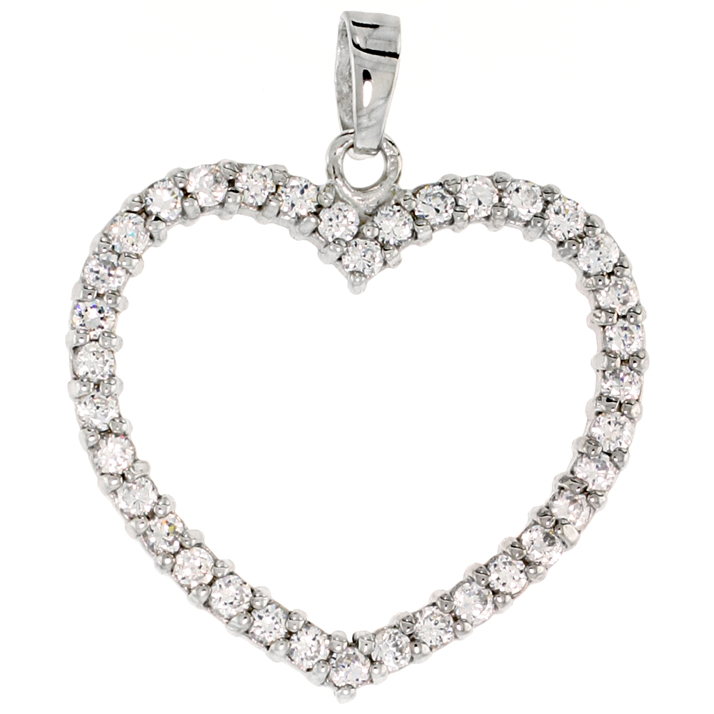 STERLING SILVER JEWELED HEART PENDANT, W/ CUBIC ZIRCONIA STONES, 1 1/8 (28 MM)