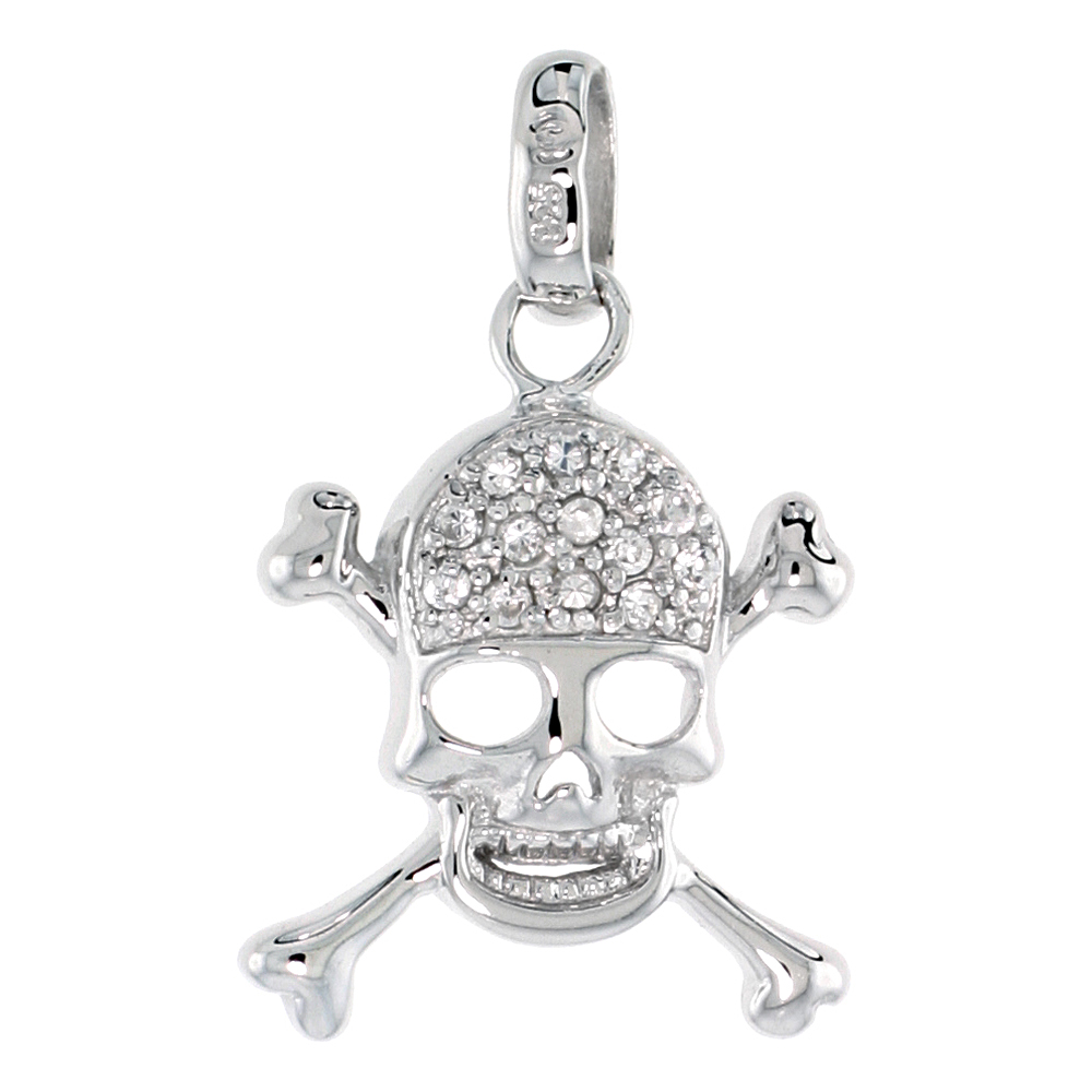 STERLING SILVER JEWELED SKULL AND CROSS BONES PENDANT, W/ CUBIC ZIRCONIA STONES, 7/8 (22 MM)