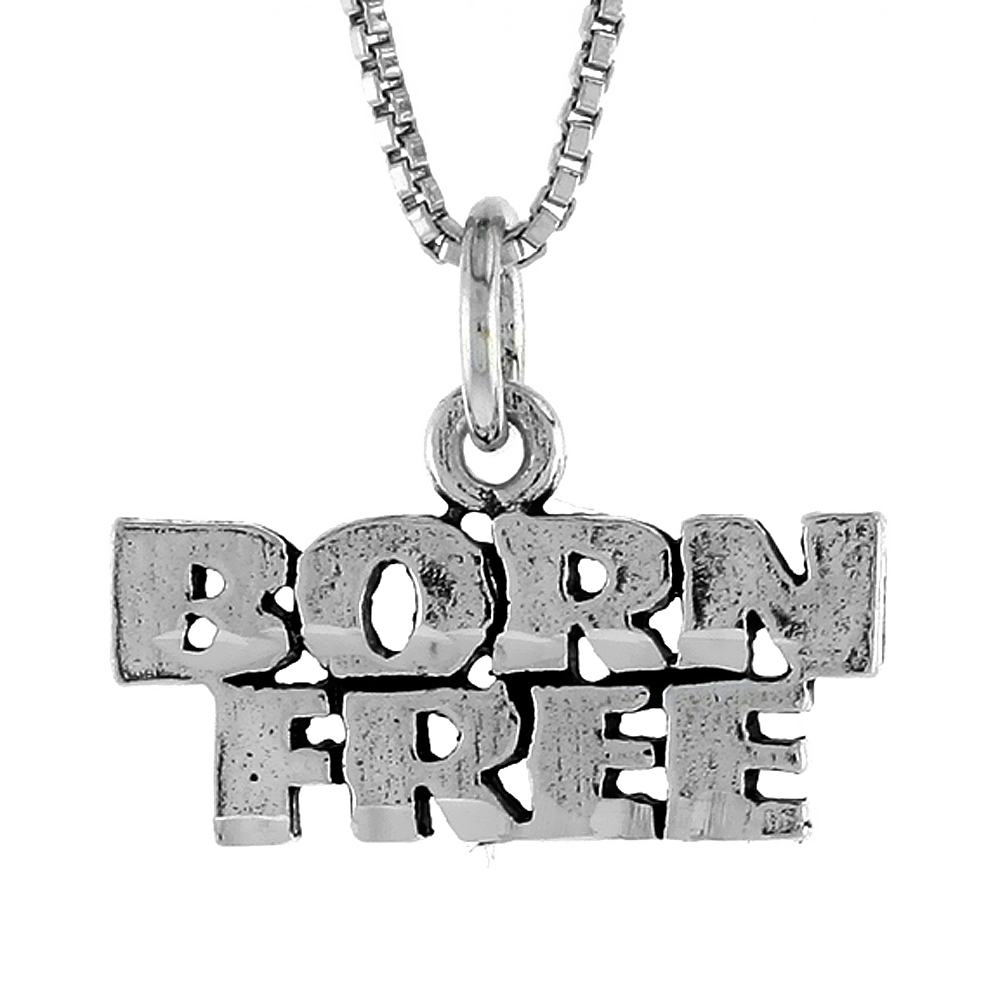 STERLING SILVER BORN FREE WORD NECKLACE ON AN 18 INCH BOX CHAIN