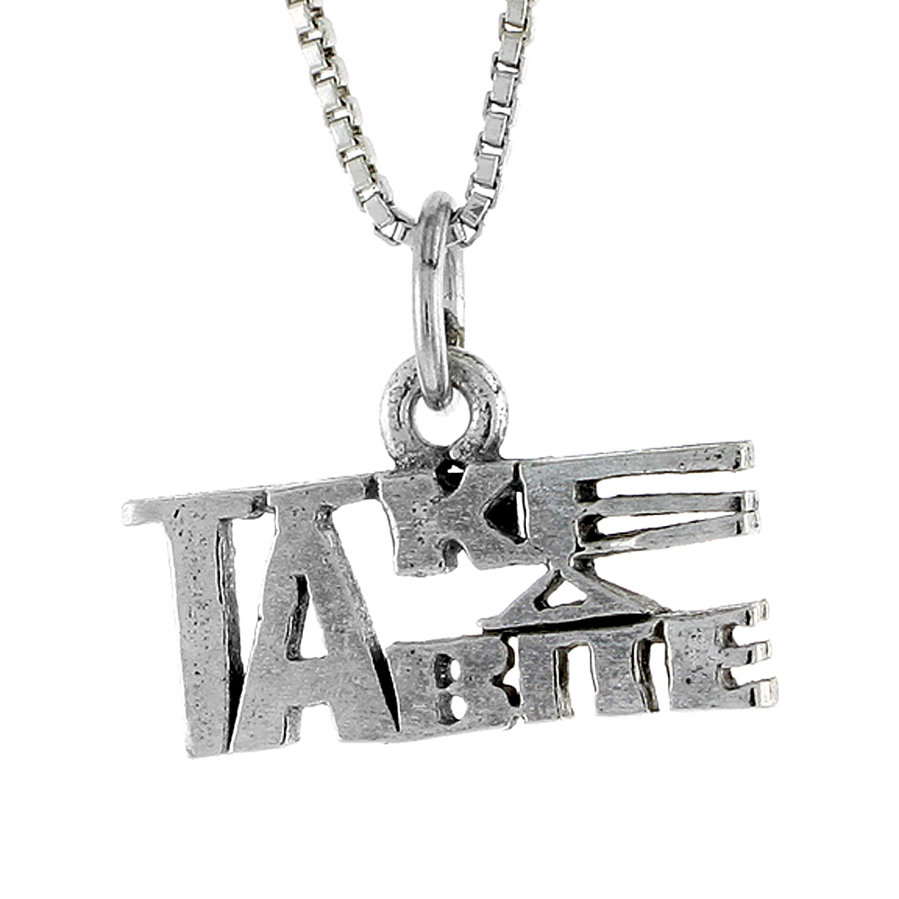 STERLING SILVER TAKE A BITE WORD NECKLACE ON AN 18 INCH BOX CHAIN