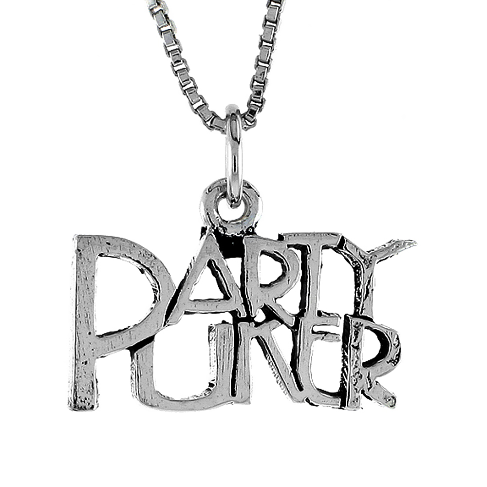 STERLING SILVER PARTY PUKER WORD NECKLACE ON AN 18 INCH BOX CHAIN