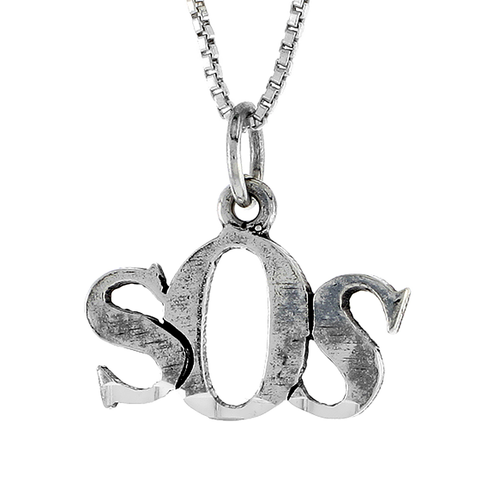 STERLING SILVER SOS WORD NECKLACE ON AN 18 INCH BOX CHAIN