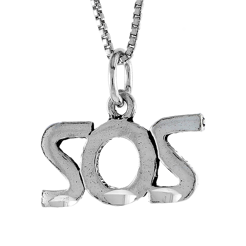 STERLING SILVER SOS WORD NECKLACE ON AN 18 INCH BOX CHAIN