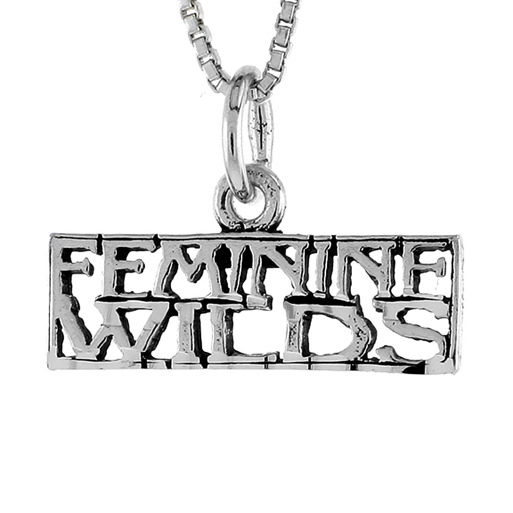STERLING SILVER FEMININE WILDS WORD NECKLACE ON AN 18 INCH BOX CHAIN