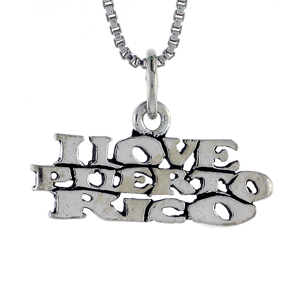 STERLING SILVER I LOVE PUERTO RICO WORD NECKLACE ON AN 18 INCH BOX CHAIN