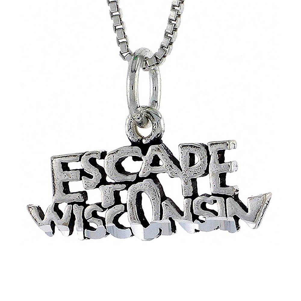STERLING SILVER ESCAPE WISCONSIN WORD NECKLACE ON AN 18 INCH BOX CHAIN