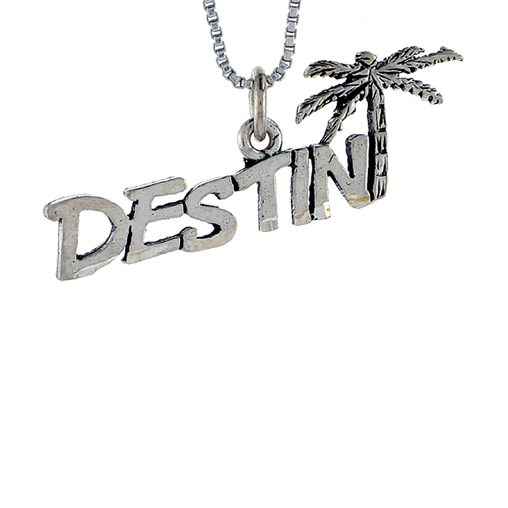 STERLING SILVER DESTIN WORD NECKLACE ON AN 18 INCH BOX CHAIN