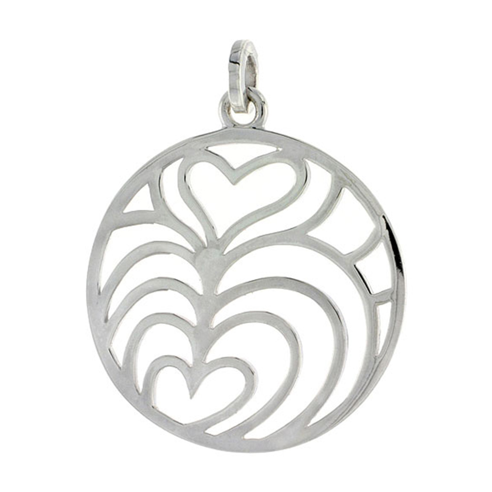 STERLING SILVER ROUND OVERLAPPING HEARTS PENDANT, 1 3/8 INCH LONG