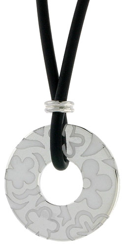 STERLING SILVER FLORAL ROUND DISC PENDANT ON RUBBER NECKLACE WHITE ENAMEL, 20 INCHES LONG