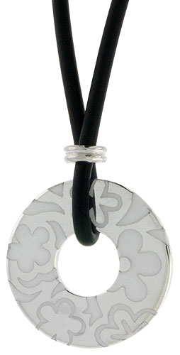 Sterling Silver Floral Round Disc Pendant on Rubber Necklace White Enamel, 20 inches long
