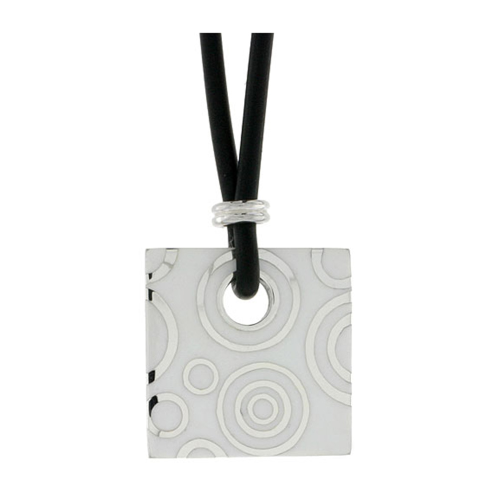 Sterling Silver Circles Pattern Square Disc Pendant on Rubber Necklace White Enamel, 20 inches long