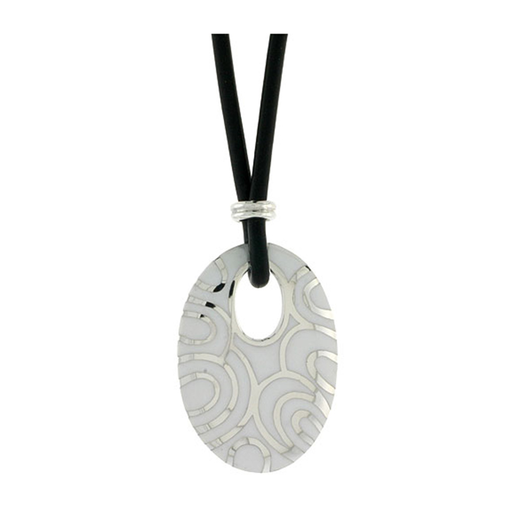 Sterling Silver Oval Disc Pendant on Rubber Necklace White Enamel, 20 inches long