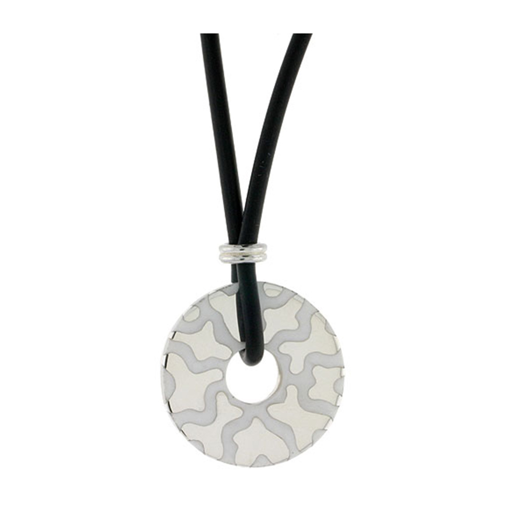 STERLING SILVER ABSTRACT ROUND DISC PENDANT ON RUBBER NECKLACE WHITE ENAMEL, 20 INCHES LONG